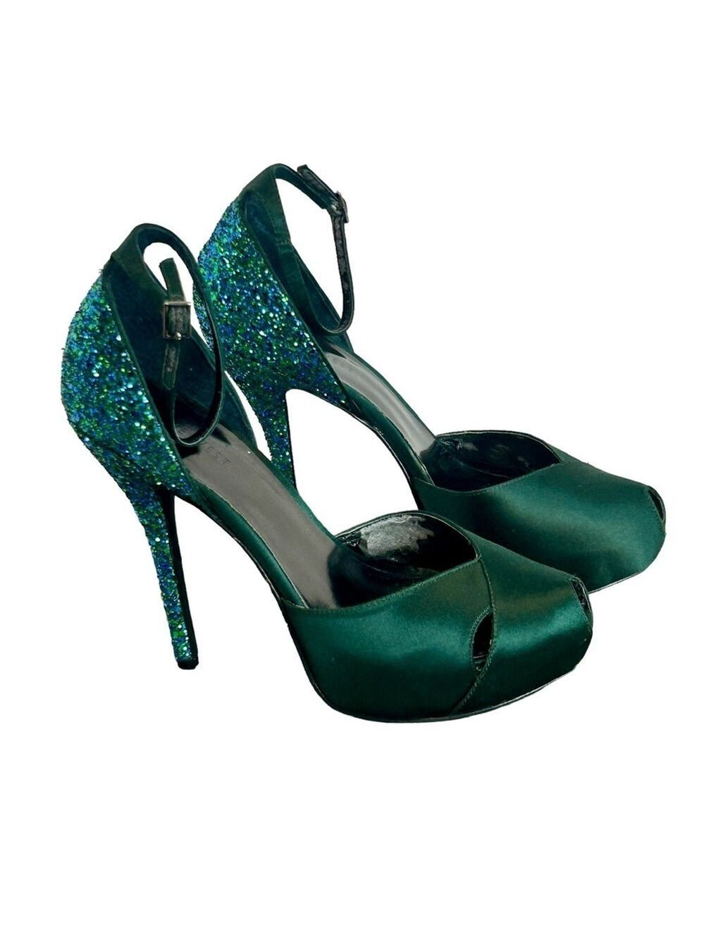 Nine West satin green blue glitter platform strappy peep toe high heels 8.5